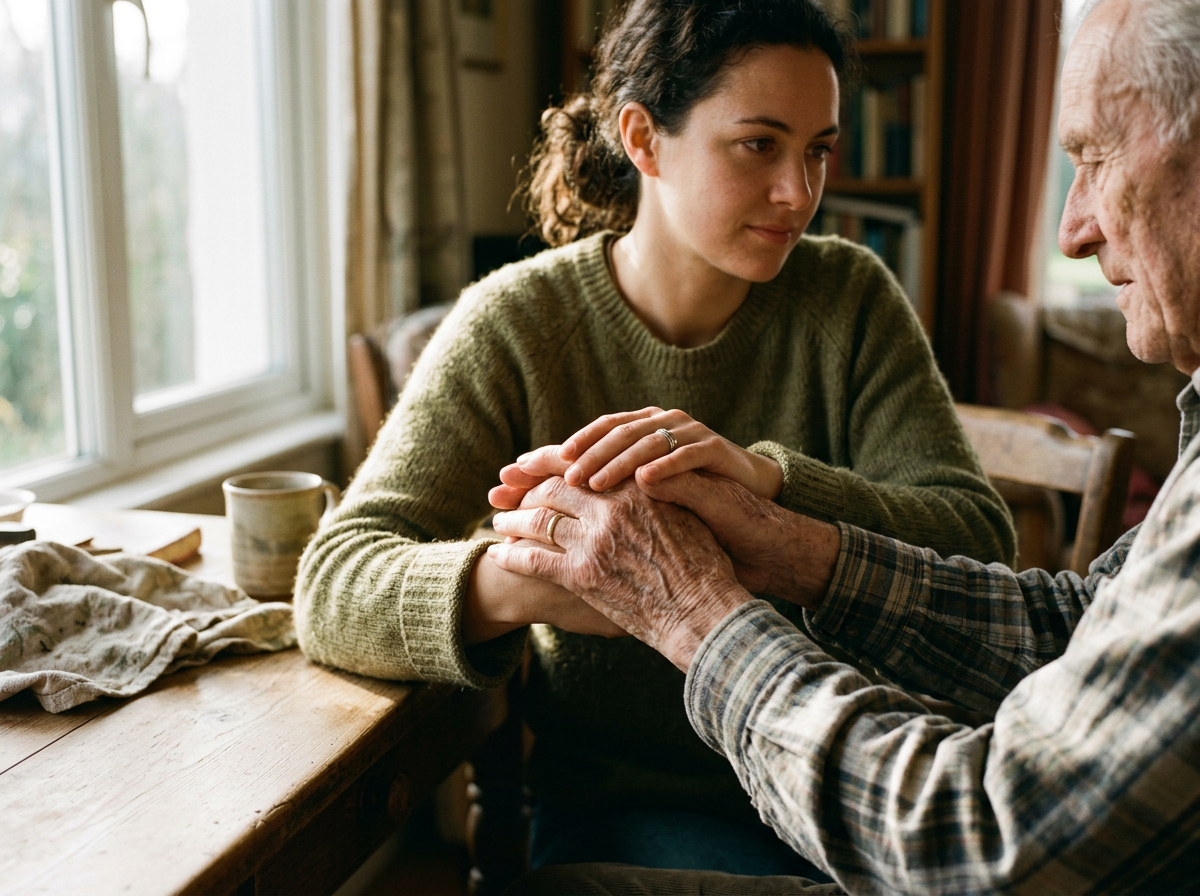 A younger adult holding an older person’s hand
